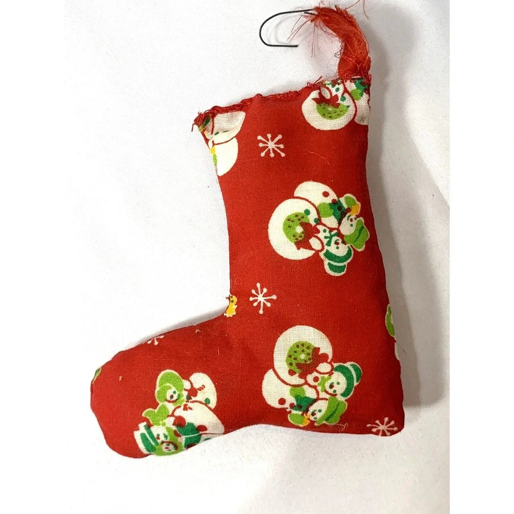 Quilted Fabric Christmas Ornaments Hand Made Stocking Tree Wreath Set of 3 VINTG